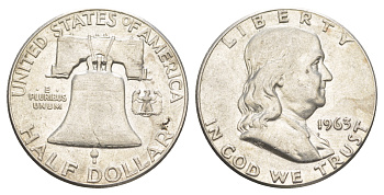 США 1/2 доллара (50 центов) 1963 Бенджамин Франклин, колокол KM 199 серебро  aUNC  4574-1035
