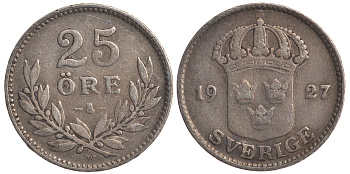 Швеция 25 эре 1927 W, Густав V (1907-1950) KM 785 серебро 4179-839