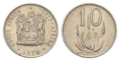 ЮАР 10 центов 1978 герб, цветок алоэ KM 85 никель 4627-223