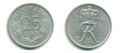 ДАНИЯ 25 ЭРЕ 1961 C; S, ФРЕДЕРИК IX (1947-1972) KM 850 медно-никель UNC 80-1145
