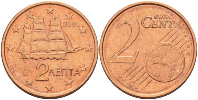 ГРЕЦИЯ 2 ЕВРОЦЕНТА 2002 KM 182 сталь плакированная медью UNC 214-344