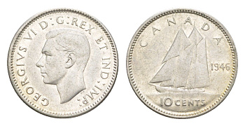 Канада 10 центов 1946 Георг VI (1936-1952), парусник KM 34 серебро 4639-549
