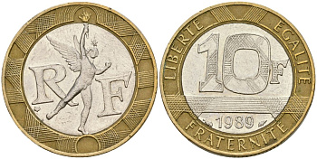 Франция 10 франков 1989 тип гений Бастилии KM 964.1, Le Franc 375.3 биметалл 4573-1155