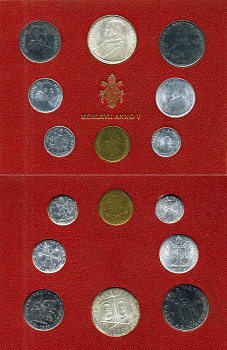 Ватикан набор из 8 монет 1967 1, 2, 5, 10, 20, 50, 100, 500 лир, в оригинальном буклете KM MS71 серебро UNC 8-1-01-14