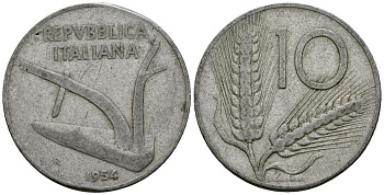 Италия 10 лир 1954 KM 93 алюминий 4521-1225