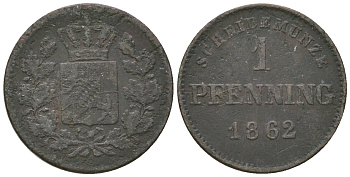 Бавария 1 пфенниг 1862 Максимилиан II (1848-1864) AKS 161, Jaeger 91 медь 4576-868