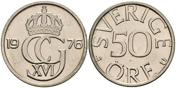 Швеция 50 эре 1976 U, Карл XVI Густав (1973- ), в лаке KM 855 медно-никель UNC 73-1432