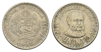 Перу 1 инти 1988 Мигель Грау KM 296 медно-никель 4663-432