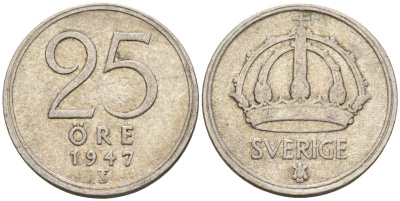 Швеция 25 эре 1947 TS, Густав V (1907-1950) KM 816 серебро 4147-968
