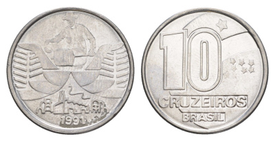 Бразилия 10 крузейро 1991 золотодобыча KM 619 нержавеющая сталь UNC 4644-534