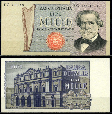 Италия 1000 лир 1975 Джузеппе Верди, Милин Ла Скала Pick 101d бумага UNC (пресс) 3295-60-3-2