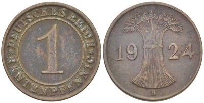 Германия 1 рентенпфенниг 1924 A KM 30, J. 306 бронза 116-769