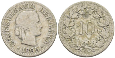 Швейцария 10 раппенов 1895 В KM 27 медно-никель 4513-213