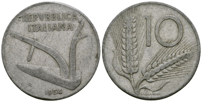 Италия 10 лир 1954 KM 93 алюминий 4521-1225