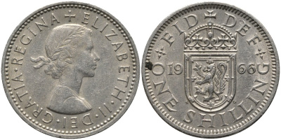 Великобритания 1 шиллинг 1966 Елизавета II (1952-2022), Шотландский герб KM 905, Spink 4148 медно-никель 4577-721