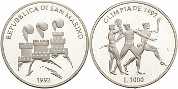 Сан-Марино 1000 лир 1992 XXV летние Олимпийские игры в Барселоне 1992 года, легкая атлетика KM 277 серебро PROOF 1096-2-44