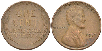США 1 ЦЕНТ 1957 D, ЛИНКОЛЬН KM А132 медь цинк 218-723