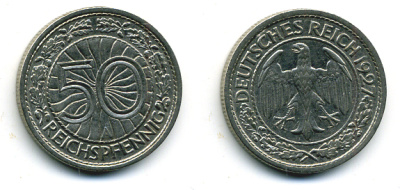 Германия 50 рейхспфеннигов 1927 A KM 49, J. 324 никель 58-222