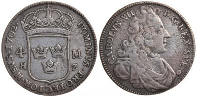 Швеция 4 марки 1702 Карл XII KM 315 серебро 00-804-60