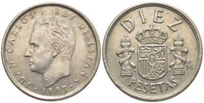 ИСПАНИЯ 10 ПЕСЕТ 1983 ХУАН КАРЛОС I KM 827 медно-никель 116-614