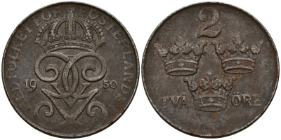 Швеция 2 эре 1950 Густав V (1907-1950) KM 811 железо 4189-739