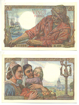 ФРАНЦИЯ 20 ФРАНКОВ 1948 14 ОКТЯБРЯ 1948 Pick 100c бумага 3295-20-1-1