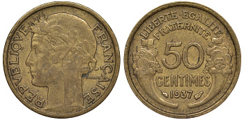 Франция 50 сантимов 1937 KM 894.1 алюминиевая бронза 4164-215
