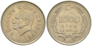 Турция 1000 лир 1990 KM 997 медь цинк никель 4582-425