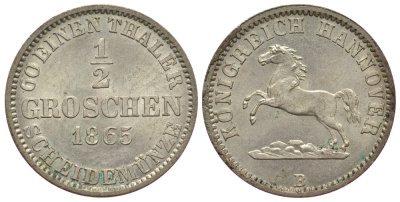 Брауншвейг-Каленберг-Ганновер 1/2 грошена 1865 В, Георг  V (1851-1866) KM 235, AKS 149 серебро  aUNC  413-2724