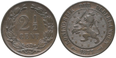 НИДЕРЛАНДЫ 2 1/2 ЦЕНТА 1877 ВИЛЬЯМ III (1849-1890) KM 108 бронза 28-1244