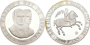 Испания 2000 песет 1991 XXV летние Олимпийские игры 1992 года в Барселоне, средневековый всадник KM 889 серебро PROOF 1072-8-44