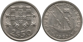 ПОРТУГАЛИЯ 2,5 ЭСКУДО 1969 ПАРУСНИК KM 590 медно-никель 181-333