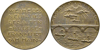 ФРАНКФУРТ МЕДАЛЬ 1926 РЕСТРАЙК, НА ОСВЕЩЕНИЕ НОВОГО МОСТА В ФРАНКФУРТЕ ЧЕРЕЗ МАЙН 15 АВГУСТА 1926, (WEIHEDES NEUBAUES DERALTEN BRUCKE), ДИАМЕТР 33,5 ММ., ВЕС 12,8 ГР. бронза 1084-7-13