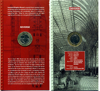 Великобритания набор из 2 монет по 2 фунта 2006 Елизавета II (1952-2022), 200 лет со дня рождения Изамбарда Кингдома Брюнеля - станция Паддингтон, в оригинальном картонном буклете KM 1061 Spink K20 биметалл BUNC 00-00