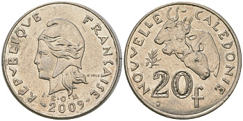 Французская Новая Каледония 20 франков 2009 три быка, (IEOM) KM 12a, Schoen 14a медно-никель 4137-116