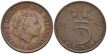 Нидерланды 5 центов 1980 Юлиана (1948-1980) KM 181 бронза 4606-1025