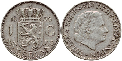 Нидерланды 1 гульден 1956 Юлиана (1948-1980) KM 184 серебро 1522-141
