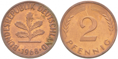ФРГ 2 ПФЕННИГА 1968 J KM 106a, J.381a сталь плакированная сталь плакированная медьюю 3718-366