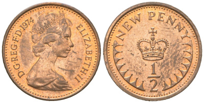 Великобритания 1/2 пенни 1974 Елизавета II (1952-2022) KM 914, Spink 4239 бронза UNC 4611-419