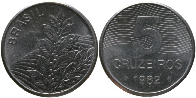 Бразилия 5 крузейро 1982 KM 591, Schon 100 нержавеющая сталь 4514-755