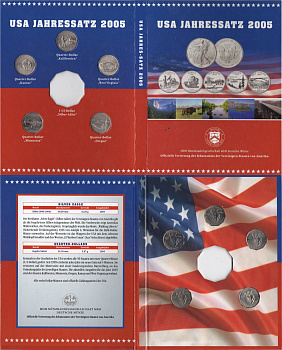 США набор из 5 монет (25 центов, 1/4 доллара, квотер) 2005 серия штаты США, в красочной упаковке KM 370, 371, 372, 373 и 374 медь плакированная медно-никелем 3-4-8-07