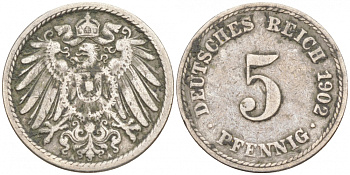 ГЕРМАНИЯ 5 ПФЕННИГОВ 1902 A, KM 11, J. 12 медно-никель 73-1559
