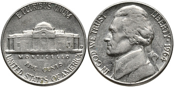 США 5 ЦЕНТОВ 1964 ДЖЕФФЕРСОН KM A192 медно-никель 4390-423