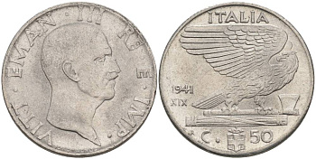 ИТАЛИЯ 50 ЧЕНТЕЗИМО 1941 R, ГОД XIX, ВИКТОР ЭММАНУИЛ III (1900-1946) KM 76b, VEM3. 1063 нержавеющая сталь 3853-341