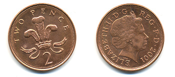 Великобритания 2 пенса 2001 Елизавета II (1952-2022) KM 987, Spink 4690 (C5) сталь плакированная медью UNC 89-555