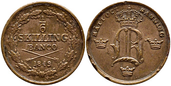Швеция 1/6 скиллинга 1849 Оскар I (1844-1859) KM 656 медь 1530-523