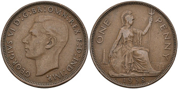 Великобритания 1 пенни 1938 Георг VI (1936-1952) KM 845, Spink 4114 бронза 4574-123