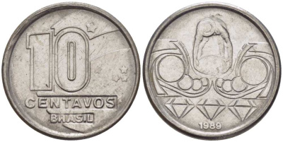 Бразилия 10 сентаво 1989 золотодобыча KM 613 нержавеющая сталь 116-656