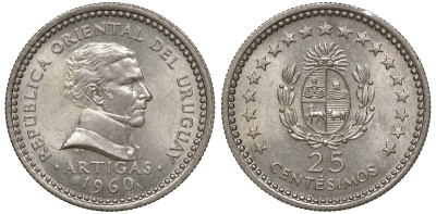 Уругвай 25 сентесимо 1960 KM 40 медно-никель 4169-858
