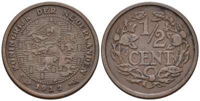 Нидерланды 1/2 цента 1912 Вильгельмина (1890-1948) KM 138 бронза    4169-238